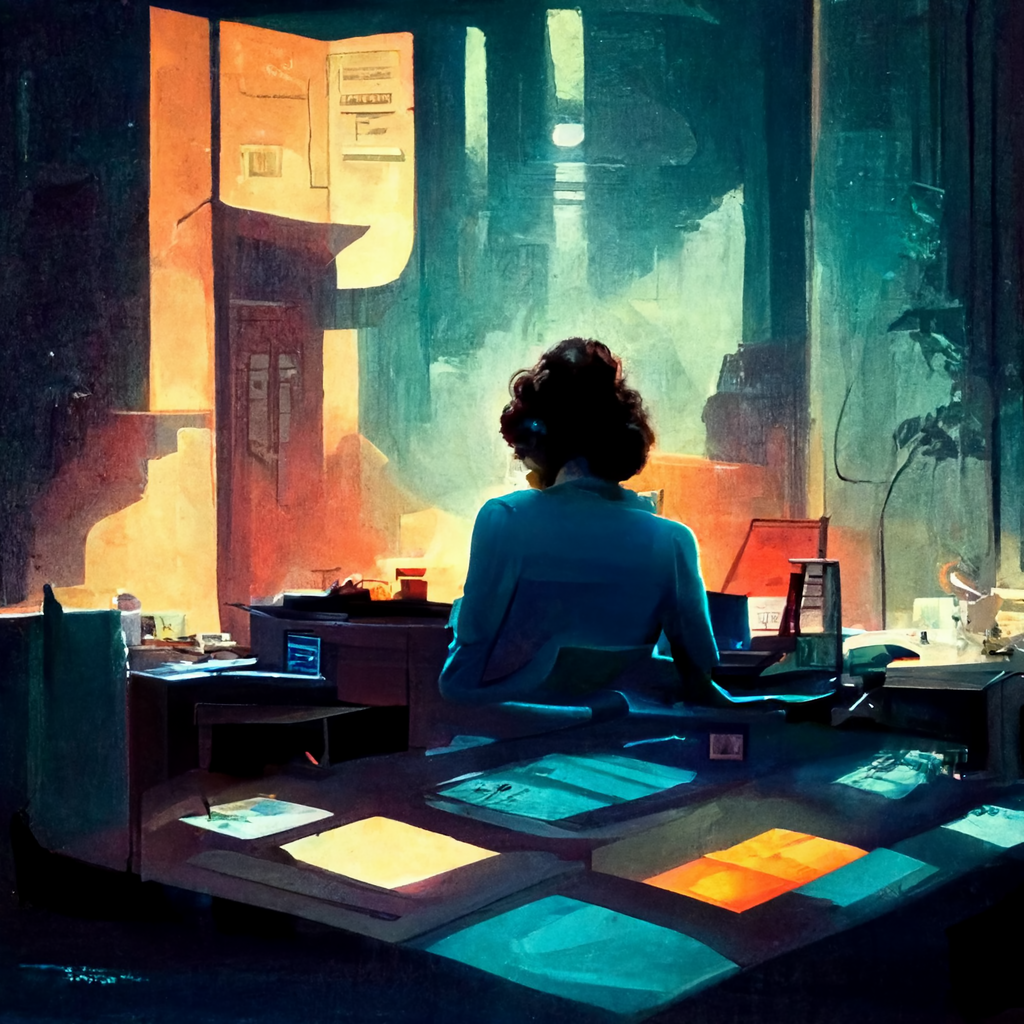 A woman working late into the night at her computer (source: Midjourney)